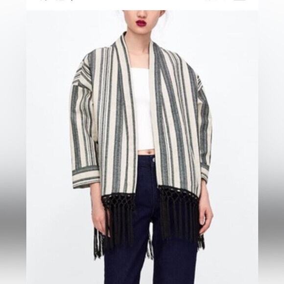 Zara Basic Neutral Striped 3/4 Sleeves Fringe Kimono Ecru Size Small - Picture 1 of 10